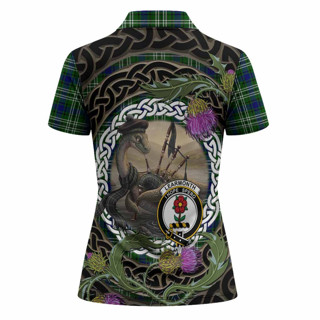 Learmonth Tartan Crest Bagpipe Nessie Women Polo Shirt Scottish Loch Ness Monster Celtic Thistle