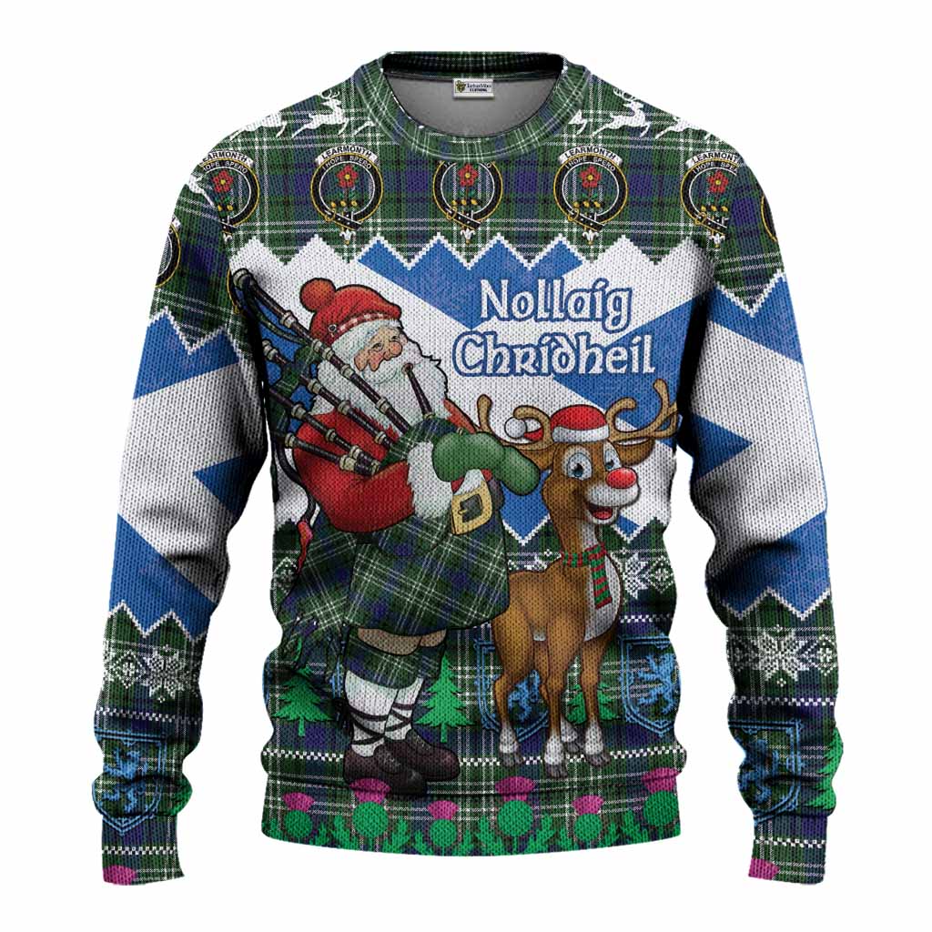 Learmonth Tartan Crest Christmas Christmas Ugly Sweater Scotland Santa With Bagpipes Cute Reindeer