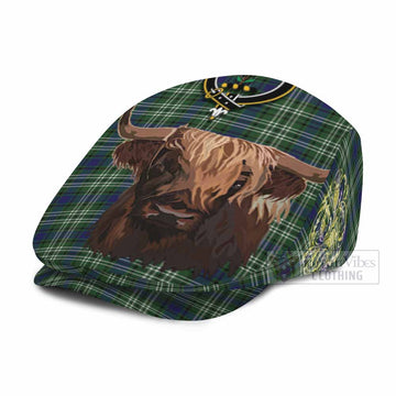 Learmonth Tartan Crest Flat Cap, Jeff Cap Scotland Heilan Coo Tartan Seamless Style