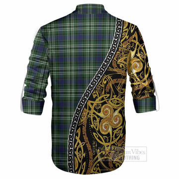 Learmonth Tartan Crest Ghillie Shirt Celtic Knot and Triple Trickle Spiral Symbols