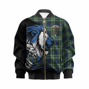 Learmonth Tartan Crest Kid Bomber Jacket Scottish Golden Lions Wave Flow