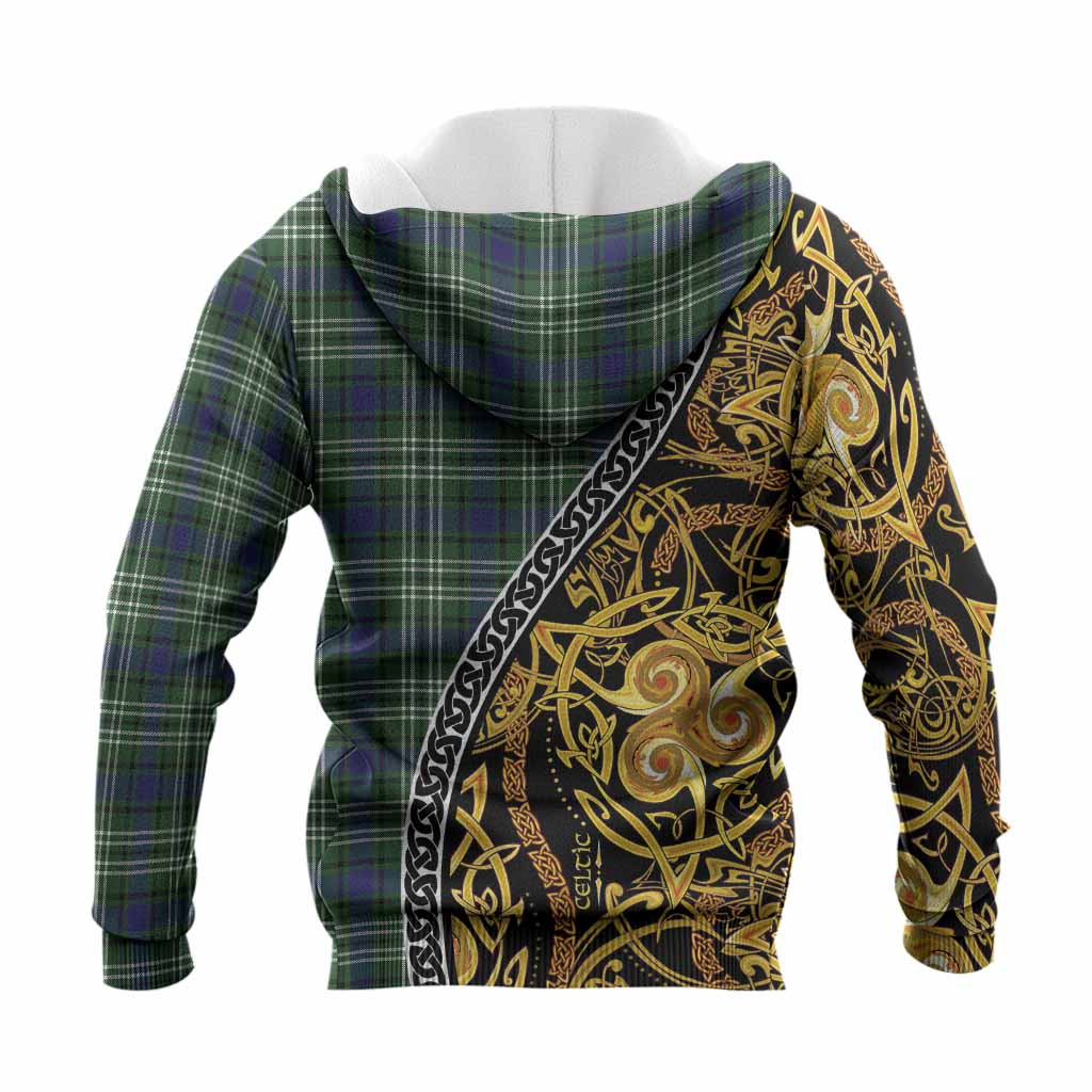 Learmonth Tartan Crest Knitted Hoodie Celtic Knot and Triple Trickle Spiral Symbols