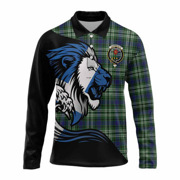 Learmonth Tartan Crest Long Sleeve Polo Shirt Scottish Golden Lions Wave Flow