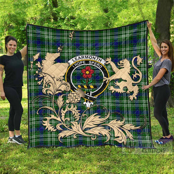 Learmonth Tartan Crest Premium Quilt with Scottish Iconic Symbols 