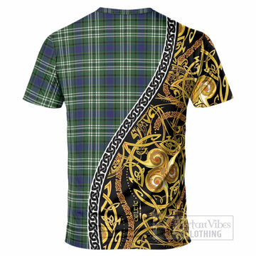 Learmonth Tartan Crest T-Shirt Celtic Knot and Triple Trickle Spiral Symbols
