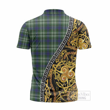 Learmonth Tartan Crest Zipper Polo Shirt Celtic Knot and Triple Trickle Spiral Symbols