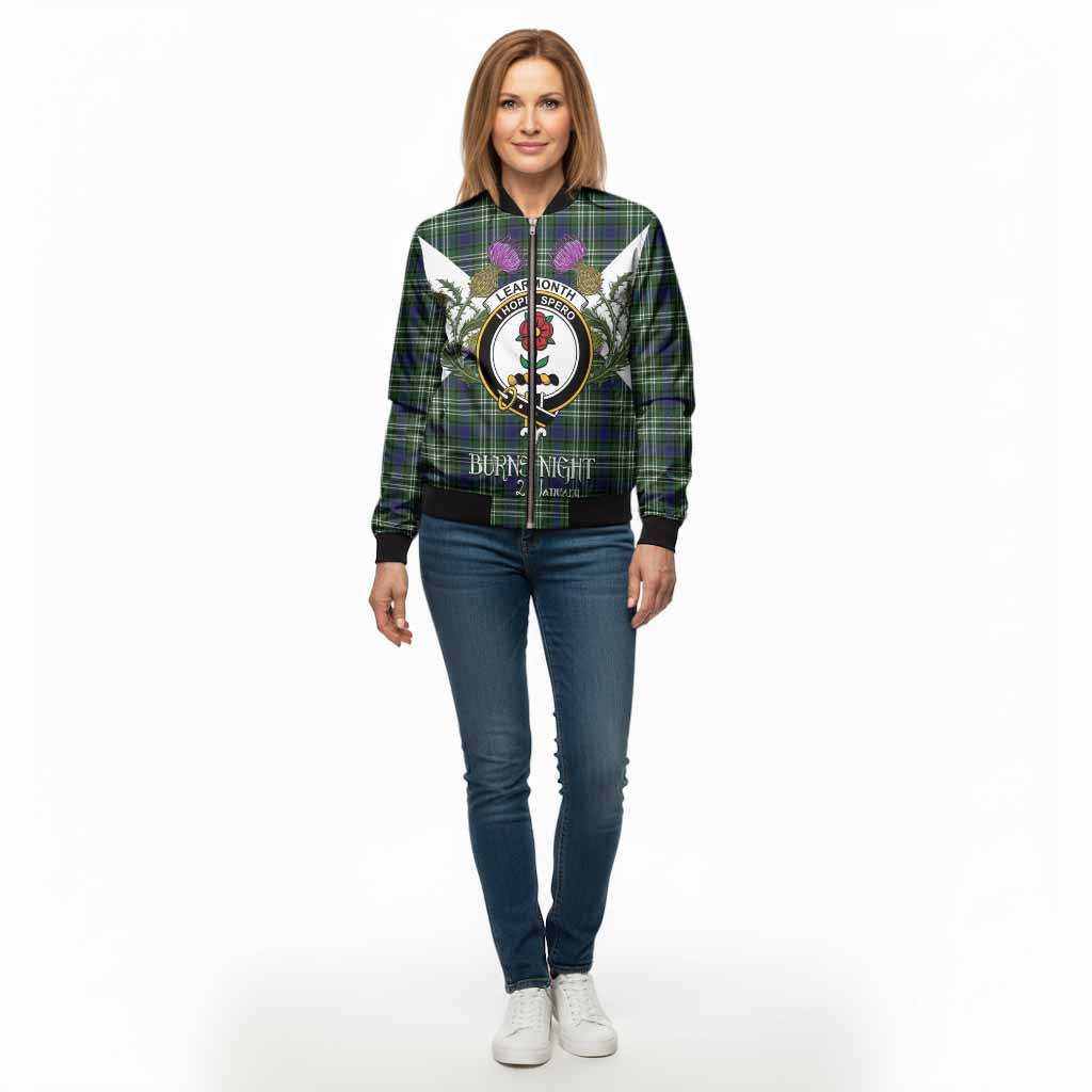 Learmonth Tartan Family Crest Bomber Jacket Scottish Burns Night Thistle Floral