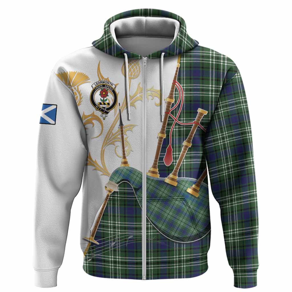 Learmonth Tartan Family Crest Hoodie Bagpipes with Scottish Thistle