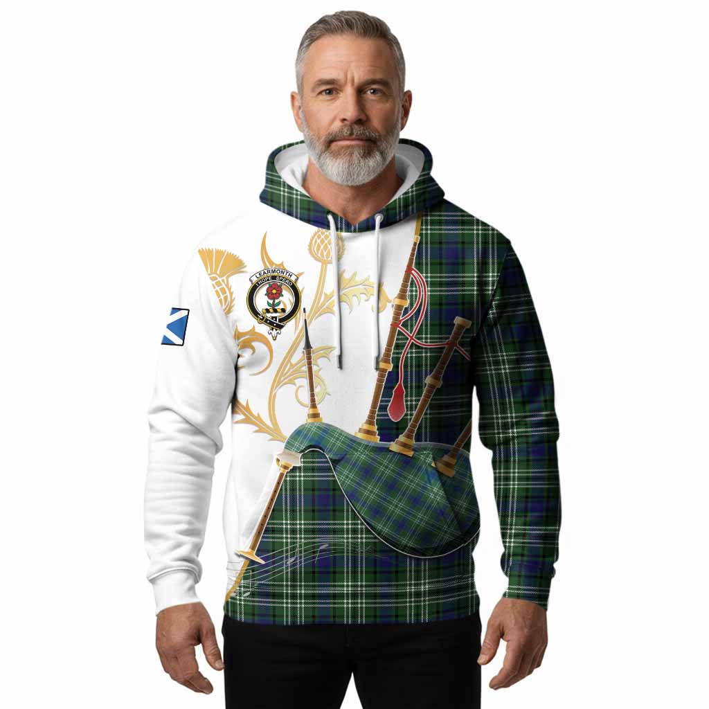 Learmonth Tartan Family Crest Hoodie Bagpipes with Scottish Thistle