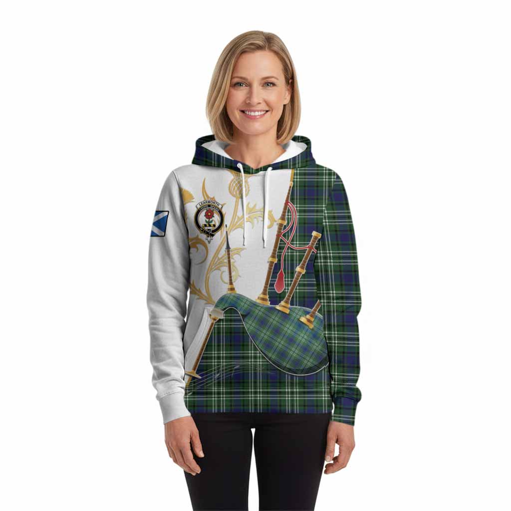 Learmonth Tartan Family Crest Hoodie Bagpipes with Scottish Thistle