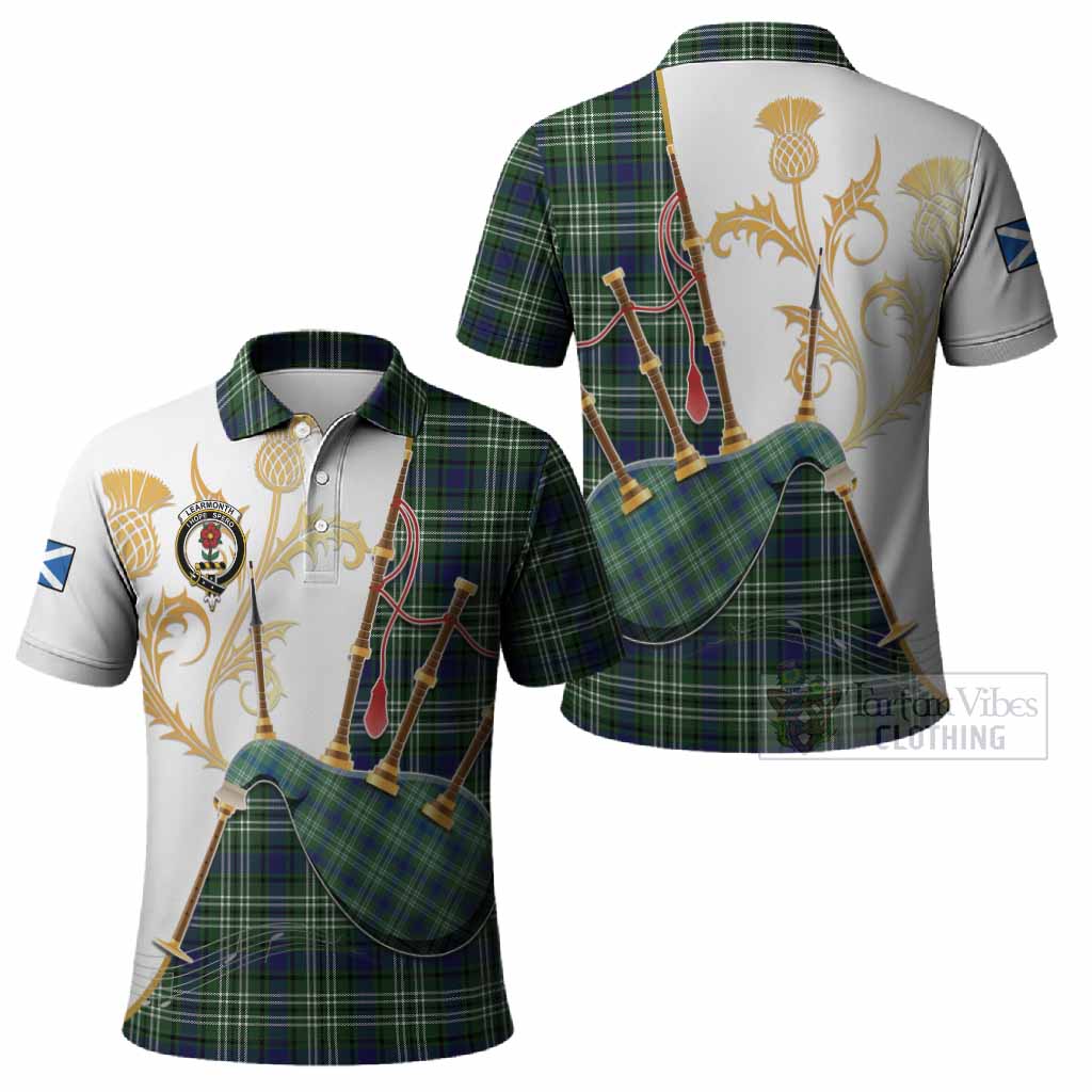 Learmonth Tartan Family Crest Polo Shirt Bagpipes with Scottish Thistle