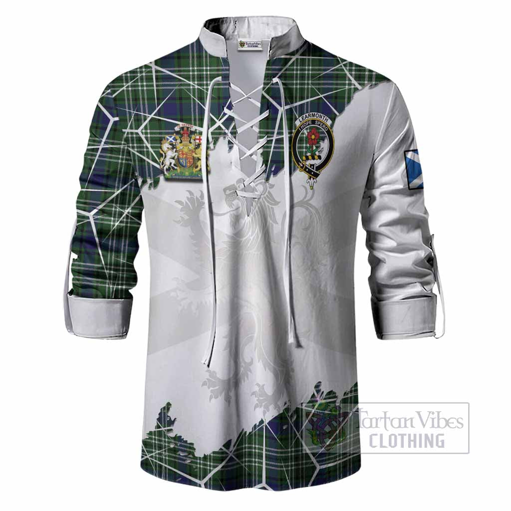 Learmonth Tartan Ghillie Shirt with Family Crest and Lion Rampant Grunge Style