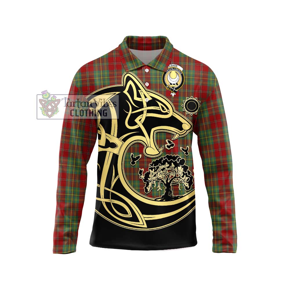 Leask Tartan Long Sleeve Polo Shirt with Family Crest Celtic Wolf Style Unisex - Tartanvibesclothing Shop