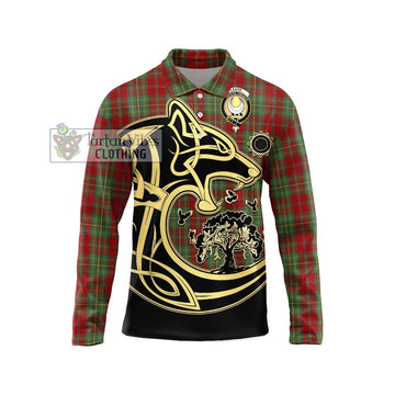 Leask Tartan Long Sleeve Polo Shirt with Family Crest Celtic Wolf Style