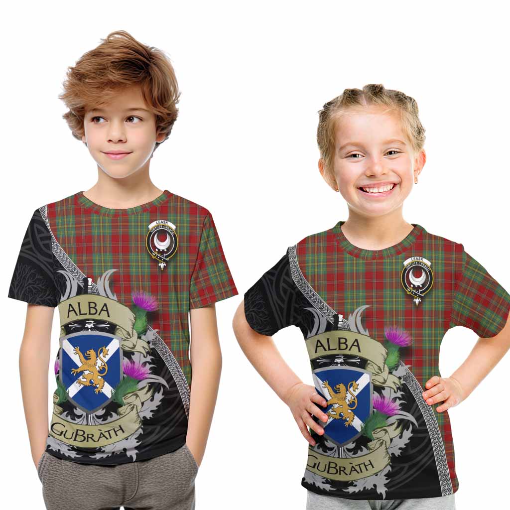 Tartan Vibes Clothing Leask Tartan Family Crest Kid T-Shirt Lion Rampant Royal Thistle Shield Celtic Inspired