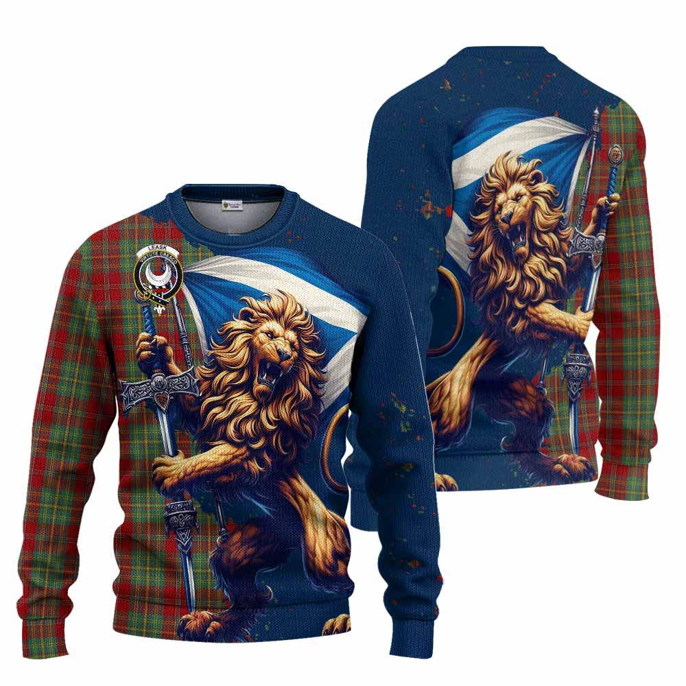 Tartan Vibes Clothing Leask Tartan Family Crest Knitted Sweater with Scottish Majestic Lion