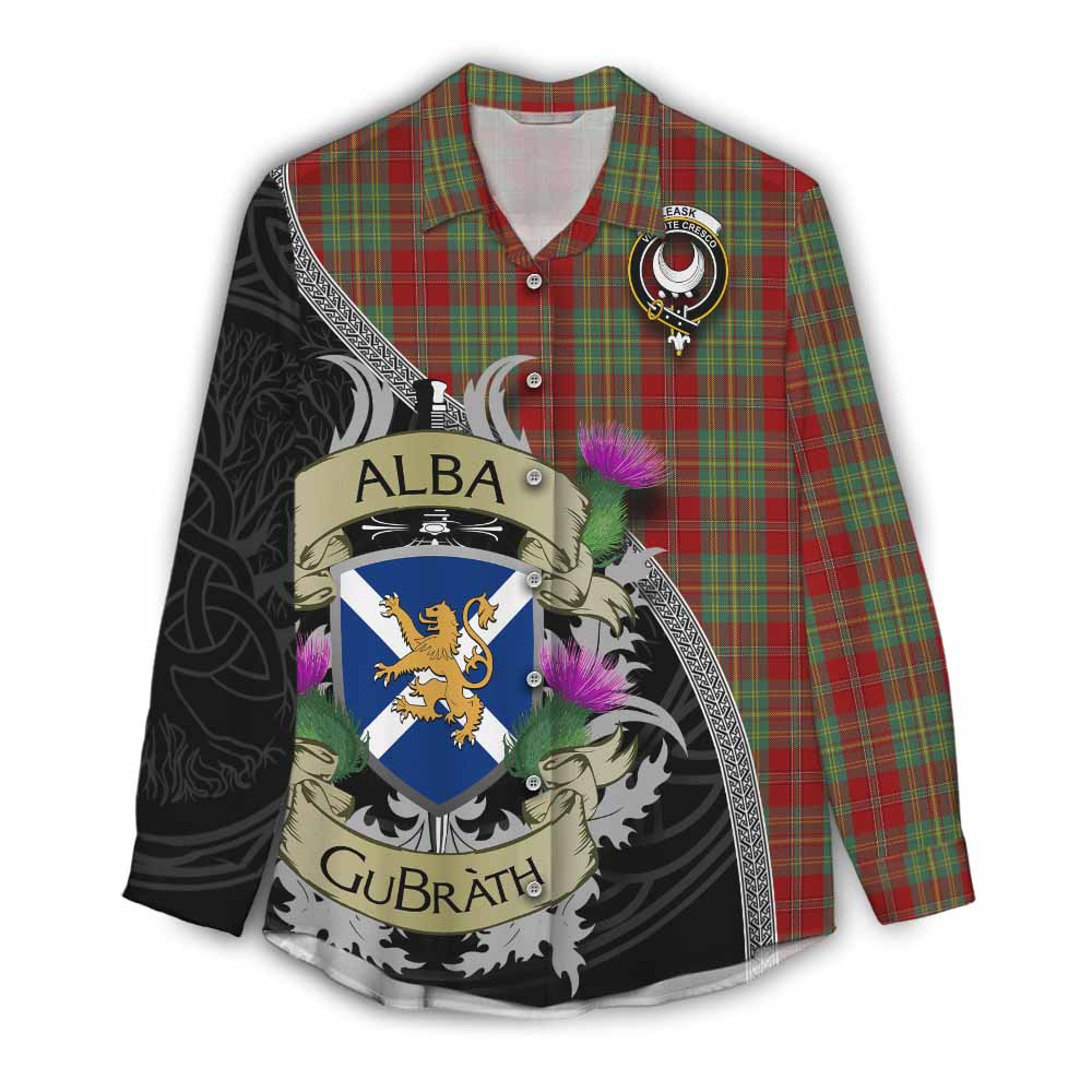 Tartan Vibes Clothing Leask Tartan Family Crest Women's Casual Shirt Lion Rampant Royal Thistle Shield Celtic Inspired