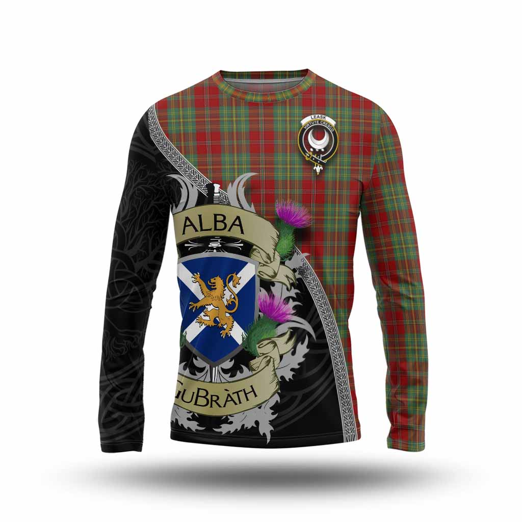Tartan Vibes Clothing Leask Tartan Family Crest Long Sleeve T-Shirt Lion Rampant Royal Thistle Shield Celtic Inspired
