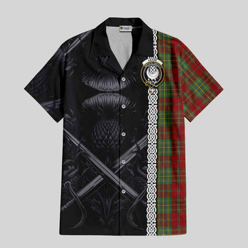 Leask Tartan Hawaiian Shirt with Family Crest Cross Sword Thistle Celtic Vibes