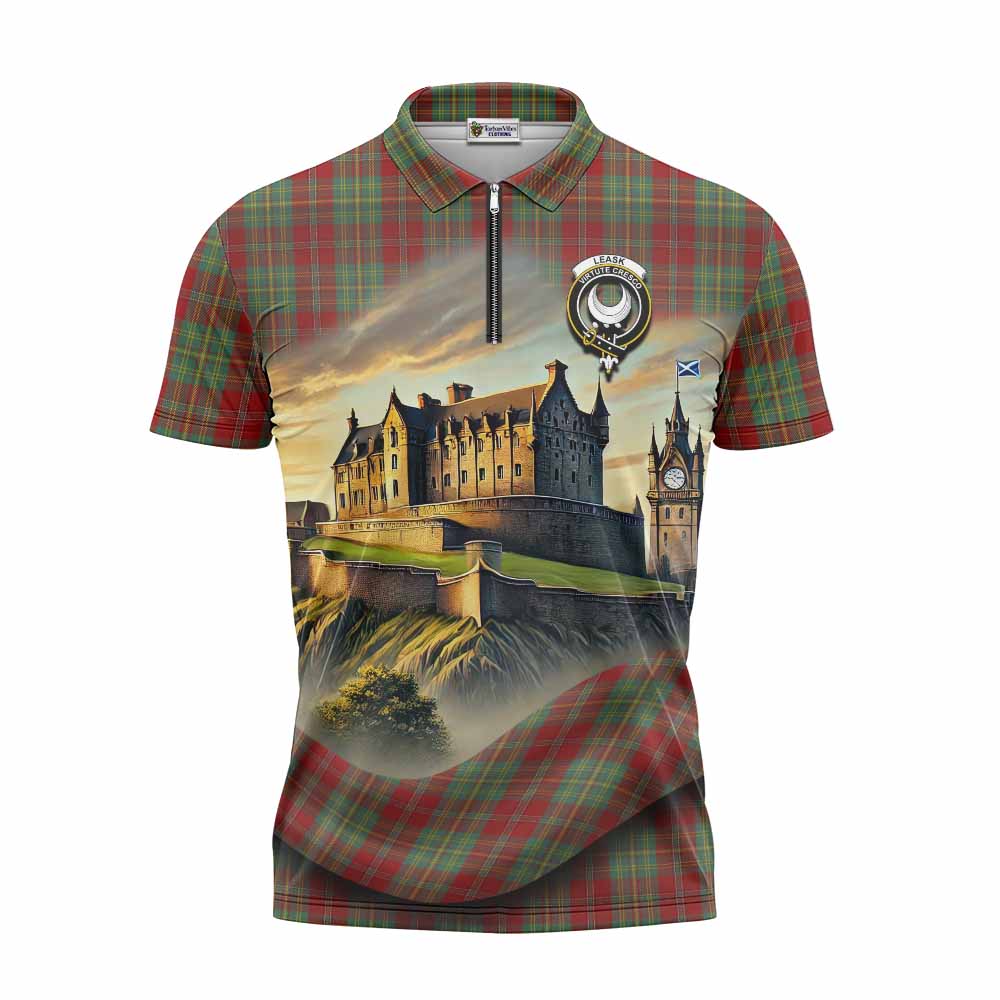 Tartan Vibes Clothing Leask Tartan Family Crest Zipper Polo Shirt with Scottish Ancient Castle Stype