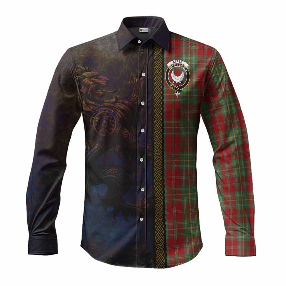 Tartan Vibes Clothing Leask Tartan Family Crest Long Sleeve Button Shirt Alba Gu Brath Be Brave Lion Ancient Style