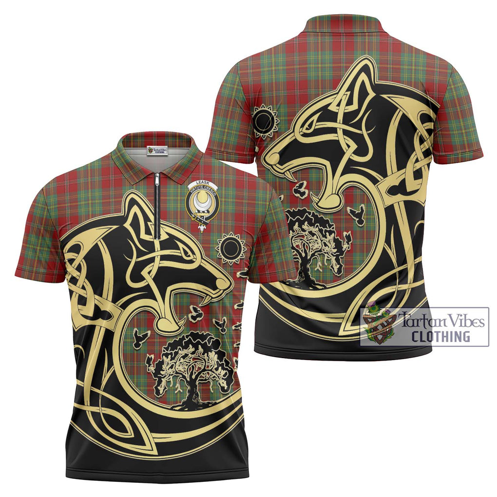Leask Tartan Zipper Polo Shirt with Family Crest Celtic Wolf Style Unisex - Tartanvibesclothing Shop