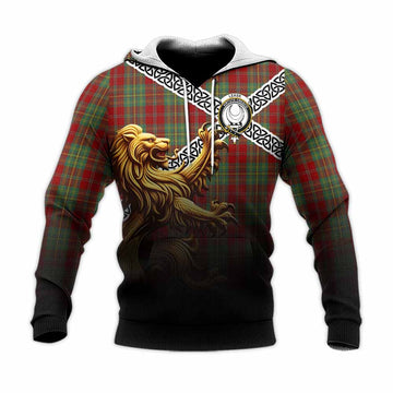 Leask Crest Tartan Knitted Hoodie with Golden Lion Emblem Celtic Style