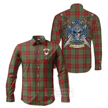 Tartan Vibes Clothing Leask Tartan Long Sleeve Button Shirt with Family Crest Celtic Skull Style