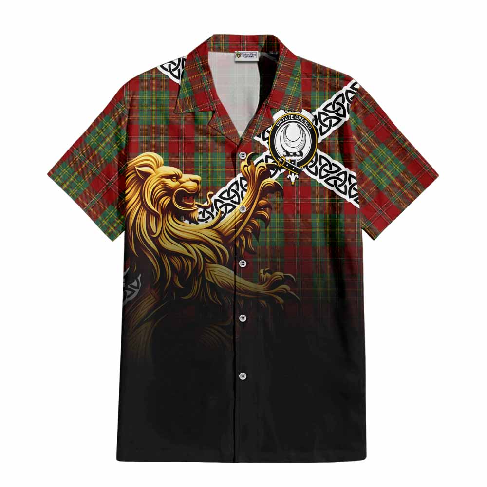 Tartan Vibes Clothing Leask Crest Tartan Short Sleeve Button Shirt with Golden Lion Emblem Celtic Style