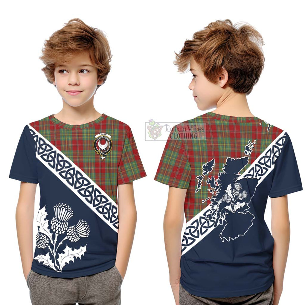 Tartan Vibes Clothing Leask Tartan Kid T-Shirt Featuring Thistle and Scotland Map