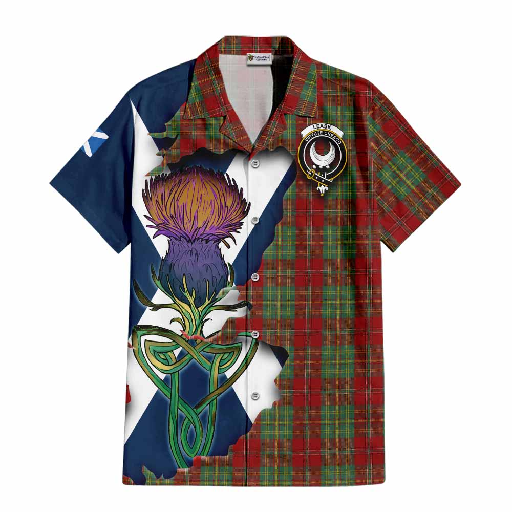 Tartan Vibes Clothing Leask Tartan Family Crest Short Sleeve Button Shirt Scottish Thistle Celtic Inspired