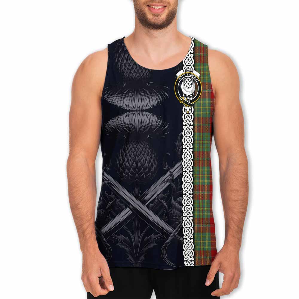 Tartan Vibes Clothing Leask Tartan Men's Tank Top with Family Crest Cross Sword Thistle Celtic Vibes
