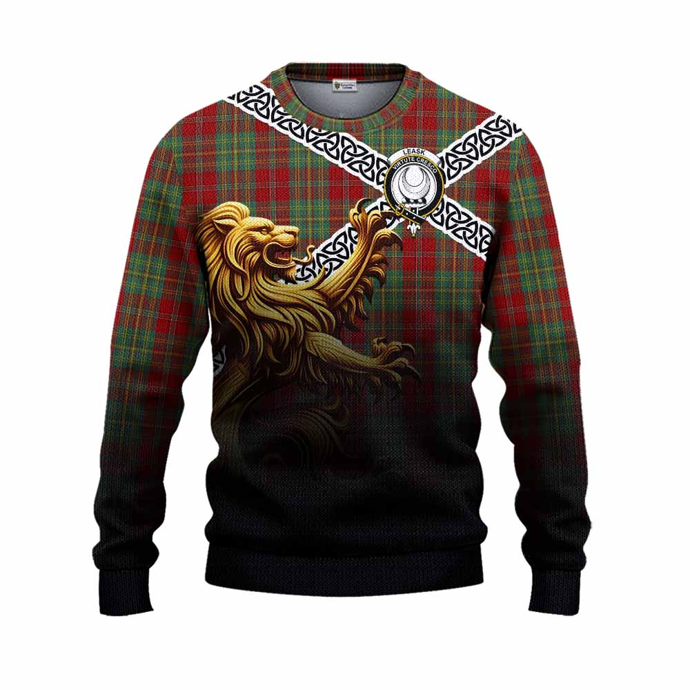 Tartan Vibes Clothing Leask Crest Tartan Knitted Sweater with Golden Lion Emblem Celtic Style