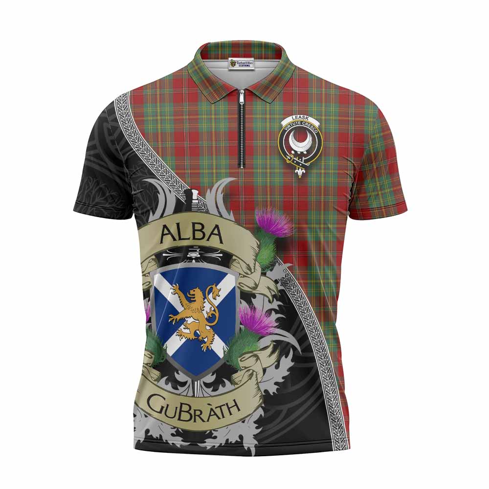 Tartan Vibes Clothing Leask Tartan Family Crest Zipper Polo Shirt Lion Rampant Royal Thistle Shield Celtic Inspired