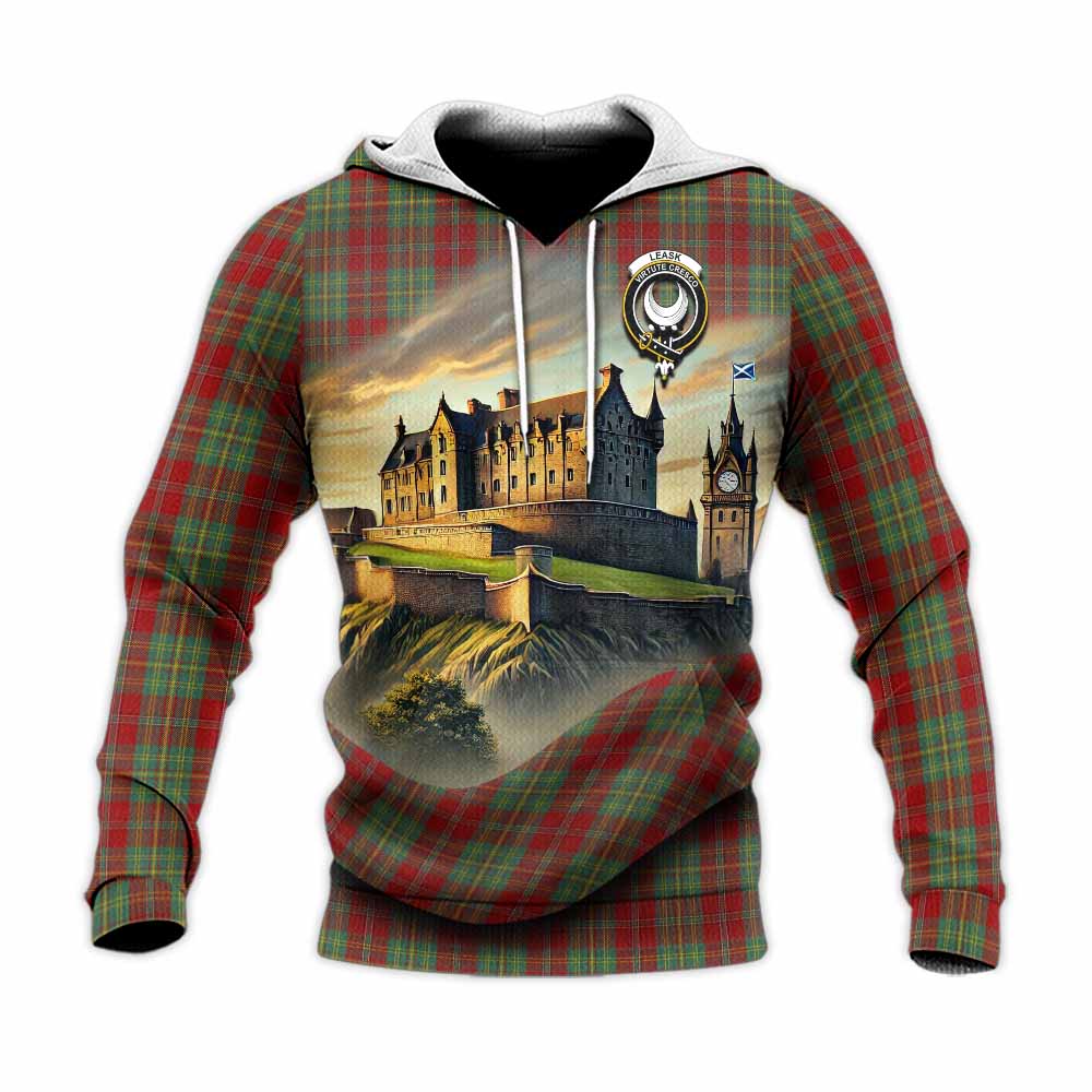 Tartan Vibes Clothing Leask Tartan Family Crest Knitted Hoodie with Scottish Ancient Castle Style