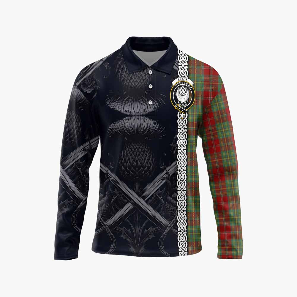 Tartan Vibes Clothing Leask Tartan Long Sleeve Polo Shirt with Family Crest Cross Sword Thistle Celtic Vibes