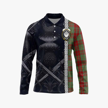 Tartan Vibes Clothing Leask Tartan Long Sleeve Polo Shirt with Family Crest Cross Sword Thistle Celtic Vibes