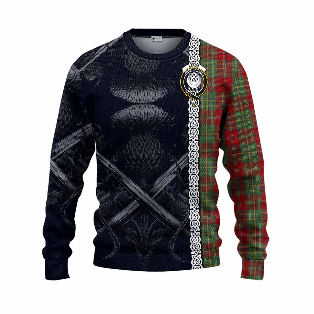Tartan Vibes Clothing Leask Tartan Knitted Sweater with Family Crest Cross Sword Thistle Celtic Vibes