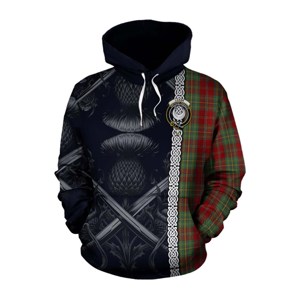 Tartan Vibes Clothing Leask Tartan Cotton Hoodie with Family Crest Cross Sword Thistle Celtic Vibes