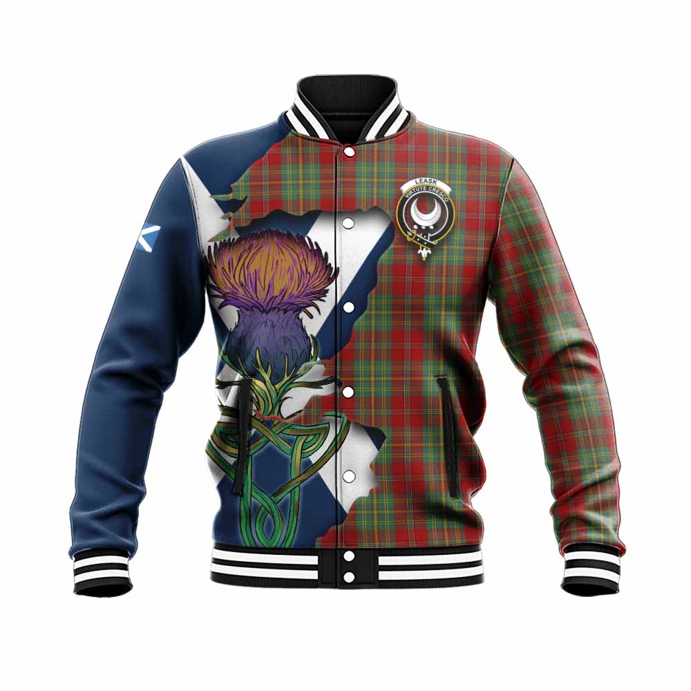 Tartan Vibes Clothing Leask Tartan Family Crest Baseball Jacket Scottish Thistle Celtic Inspired