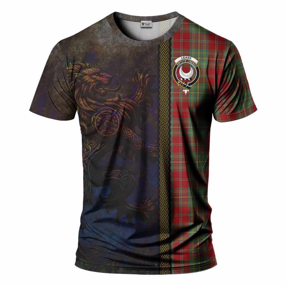 Tartan Vibes Clothing Leask Tartan Family Crest T-Shirt Alba Gu Brath Be Brave Lion Ancient Style