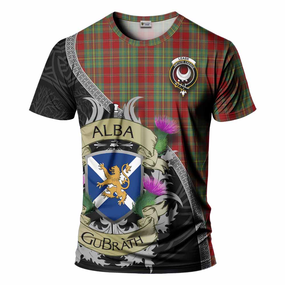 Tartan Vibes Clothing Leask Tartan Family Crest T-Shirt Lion Rampant Royal Thistle Shield Celtic Inspired