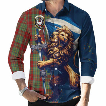 Leask Tartan Family Crest Long Sleeve Button Shirt with Scottish Majestic Lion