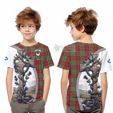 Tartan Vibes Clothing Leask Tartan Kid T-Shirt with Family Crest and St. Andrew's Cross Accented by Thistle Vines
