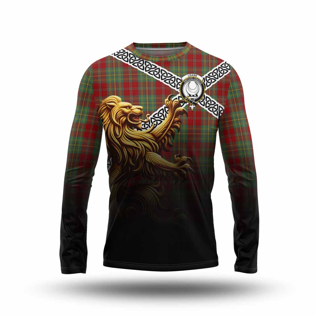 Tartan Vibes Clothing Leask Crest Tartan Long Sleeve T-Shirt with Golden Lion Emblem Celtic Style