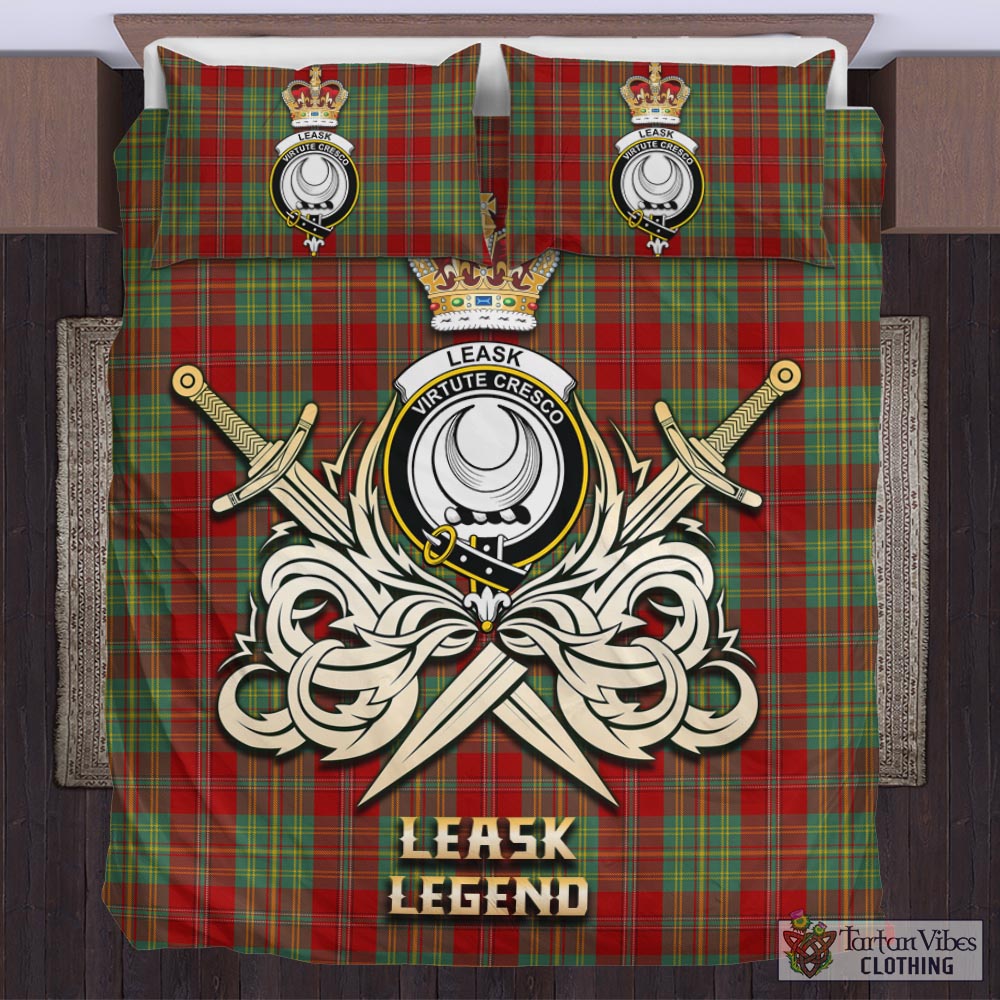 Tartan Vibes Clothing Leask Tartan Bedding Set with Clan Crest and the Golden Sword of Courageous Legacy