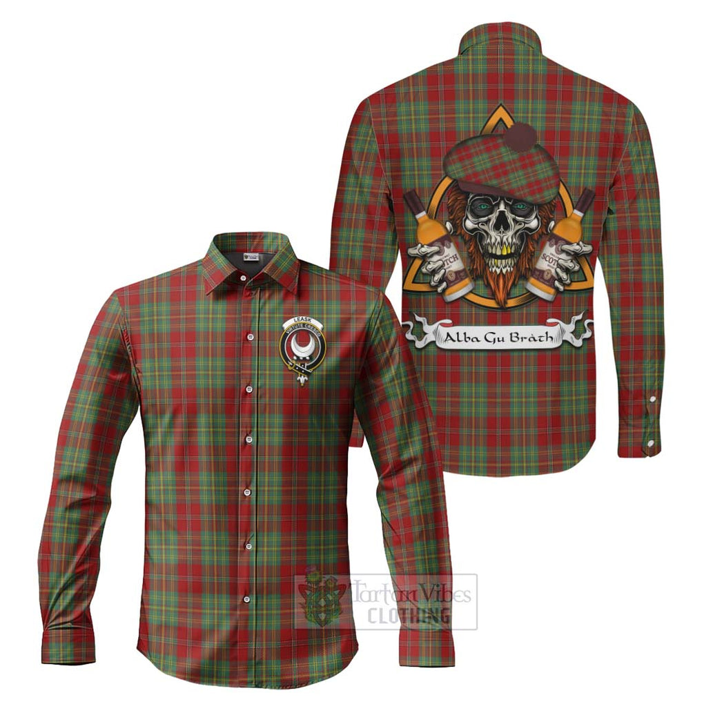 Tartan Vibes Clothing Leask Tartan Long Sleeve Button Shirt with Family Crest and Bearded Skull Holding Bottles of Whiskey