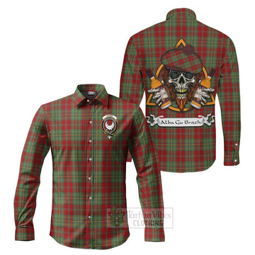 Tartan Vibes Clothing Leask Tartan Long Sleeve Button Shirt with Family Crest and Bearded Skull Holding Bottles of Whiskey