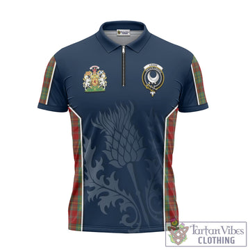 Leask Tartan Zipper Polo Shirt with Family Crest and Scottish Thistle Vibes Sport Style