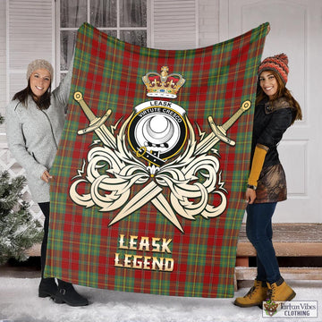 Leask Tartan Blanket with Clan Crest and the Golden Sword of Courageous Legacy